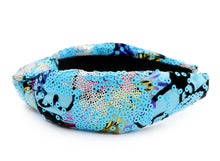 Load image into Gallery viewer, headband for women, summer Knot headband, blue headband, Summer knotted headband, blue sequin top knot headband, sequin top knotted headband, multicolor knotted headband, blue knot headband, Sequin hair band, sequin knot headbands, sequin black headband, statement headbands, top knotted headband, knotted headband, blue accessories, embellished headband, gemstone knot headband, luxury headband, embellished knot headband, multicolor knot headband, summer knot embellished headband