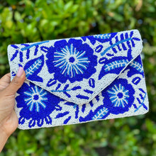 Load image into Gallery viewer, Floral beaded clutch purse, blue white bead purse, beaded bag, tropical handbag, beaded bag, floral seed bead clutch, birthday gift for her, clutch bag, seed bead purse, engagement gift, party clutches, floral purse, gifts to bride, wedding gift, evening bags, Summer beaded clutch purse, birthday gift for her, summer clutch, blue white clutch purse, beaded bag, summer bag, boho purse, blue beaded clutch purse, unique bags, best selling items, handmade gifts, handmade bag purse, white blue clutch purse