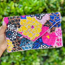 Load image into Gallery viewer, Floral beaded clutch purse, blue pink bead purse, beaded bag, tropical handbag, beaded bag, floral seed bead clutch, birthday gift for her, clutch bag, seed bead purse, engagement gift, party clutches, floral purse, gifts to bride, wedding gift, evening bags, Summer beaded clutch purse, birthday gift for her, summer clutch, blue white clutch purse, beaded bag, summer bag, boho purse, blue beaded clutch purse, unique bags, best selling items, handmade gifts, handmade bag purse, floral sequin clutch purse