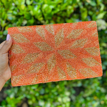 Load image into Gallery viewer, bohemian beaded clutch purse, boho bead purse, beaded bag, golden handbag, beaded bag, golden orange seed bead clutch, birthday gift for her, clutch bag, seed bead purse, engagement gift, party clutches, golden orange purse, gifts to bride, wedding gift, evening bags, Summer beaded clutch purse, summer clutch, orange clutch purse, beaded bag, summer bag, boho purse, golden orange accessories, unique bags, best selling items, handmade gifts, handmade bag purse, boho clutch purse, orange gold bag