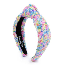 Load image into Gallery viewer, headband for women, summer Knot headband, neon headband, Summer knotted headband, Multicolor top knot headband, multi color top knotted headband, multicolor knotted headband, Bright knot headband, Sequin hair band, neon knot headbands, Neon headband, statement headbands, top knotted headband, knotted headband, Multicolor accessories, embellished headband, gemstone knot headband, luxury headband, embellished knot headband, multicolor knot headband, summer knot embellished headband