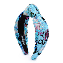 Load image into Gallery viewer, headband for women, summer Knot headband, blue headband, Summer knotted headband, blue sequin top knot headband, sequin top knotted headband, multicolor knotted headband, blue knot headband, Sequin hair band, sequin knot headbands, sequin black headband, statement headbands, top knotted headband, knotted headband, blue accessories, embellished headband, gemstone knot headband, luxury headband, embellished knot headband, multicolor knot headband, summer knot embellished headband