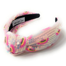 Load image into Gallery viewer, headband for women, summer Knot headband, Summer lover headband, Summer knotted headband, Multicolor top knot headband, multi color top knotted headband, multicolor knotted headband, Bright knot headband, Sequin hair band, neon knot headbands, Neon headband, statement headbands, top knotted headband, knotted headband, Multicolor accessories, embellished headband, gemstone knot headband, luxury headband, embellished knot headband, rainbow knot headband, summer knot embellished headband