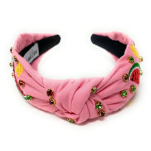 Load image into Gallery viewer, headbands for women, Wide knot headband, handmade headbands, top knotted headband, knotted headband, hair band for women, embellished headband, pink headband, bejeweled headband, luxury headband, jeweled headband for women, knotted jeweled headband, summer headband, embellished knot headband, luxury knot headband, pearly headbands, watermelon headband, watermelon hair accessories, pink knot headband, boho headbands, boho jeweled headband, embellished headband, best selling items