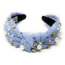 Load image into Gallery viewer, headband for women, striped knot headband, headbands for women, stylish headbands, white blue top knot headband, top knot headband, blue top knot headband, striped headband, blue white hairband, trendy headbands, handmade headbands, top knotted headband, knotted headband, trendy headband, fashion headbands, patriotic headband, blue striped headband, striped headband for women, white headband, Fourth of July headband for women, Pearl headband, best selling items, summer headband