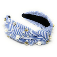 Load image into Gallery viewer, headband for women, striped knot headband, headbands for women, stylish headbands, white blue top knot headband, top knot headband, blue top knot headband, striped headband, blue white hairband, trendy headbands, handmade headbands, top knotted headband, knotted headband, trendy headband, fashion headbands, patriotic headband, blue striped headband, striped headband for women, white headband, Fourth of July headband for women, Pearl headband, best selling items, summer headband