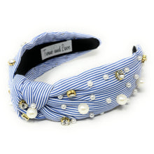 Load image into Gallery viewer, headband for women, striped knot headband, headbands for women, stylish headbands, white blue top knot headband, top knot headband, blue top knot headband, striped headband, blue white hairband, trendy headbands, handmade headbands, top knotted headband, knotted headband, trendy headband, fashion headbands, patriotic headband, blue striped headband, striped headband for women, white headband, Fourth of July headband for women, Pearl headband, best selling items, summer headband