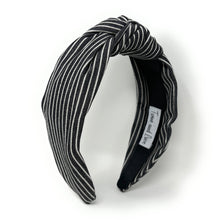 Load image into Gallery viewer, headband for women, denim knot headband, headbands for women, stylish headbands, white black denim headband, top knot headband, denim top knot headband, striped denim headband, denim hairband, trendy headbands, handmade headbands, top knotted headband, knotted headband, trendy headband, fashion headbands, light denim headband, black striped headband, striped headband for women, white headband, denim headband for women, denim headband, best selling items, summer headband