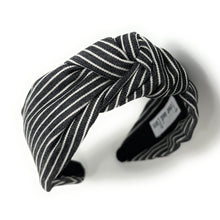 Load image into Gallery viewer, headband for women, denim knot headband, headbands for women, stylish headbands, white black denim headband, top knot headband, denim top knot headband, striped denim headband, denim hairband, trendy headbands, handmade headbands, top knotted headband, knotted headband, trendy headband, fashion headbands, light denim headband, black striped headband, striped headband for women, white headband, denim headband for women, denim headband, best selling items, summer headband