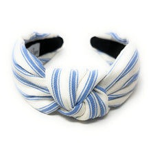 Load image into Gallery viewer, headband for women, denim knot headband, headbands for women, stylish headbands, white blue denim headband, top knot headband, denim top knot headband, striped denim headband, denim hairband, trendy headbands, handmade headbands, top knotted headband, knotted headband, trendy headband, fashion headbands, light denim headband, blue striped headband, striped headband for women, white headband, denim headband for women, denim headband, best selling items, summer headband