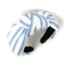 Load image into Gallery viewer, headband for women, denim knot headband, headbands for women, stylish headbands, white blue denim headband, top knot headband, denim top knot headband, striped denim headband, denim hairband, trendy headbands, handmade headbands, top knotted headband, knotted headband, trendy headband, fashion headbands, light denim headband, blue striped headband, striped headband for women, white headband, denim headband for women, denim headband, best selling items, summer headband