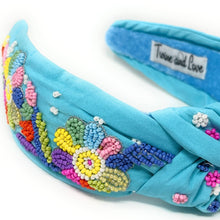Load image into Gallery viewer, headband for women, Multicolor Knot headband, summer headband, summer knotted headband, summer top knot headband, Summer top knotted headband, Floral knotted headband, Summer hair band, beaded colorful headband, multicolor floral headband, Embroidered floral headband, top knotted headband, knotted headband, floral lover gifts, Beaded embellished headband, luxury headband, Birthday gifts, Summer Knot headband, Summer knot embellished headband, floral knot headband, Blue knot headband, Sea Blue headband