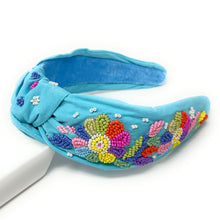 Load image into Gallery viewer, headband for women, Multicolor Knot headband, summer headband, summer knotted headband, summer top knot headband, Summer top knotted headband, Floral knotted headband, Summer hair band, beaded colorful headband, multicolor floral headband, Embroidered floral headband, top knotted headband, knotted headband, floral lover gifts, Beaded embellished headband, luxury headband, Birthday gifts, Summer Knot headband, Summer knot embellished headband, floral knot headband, Blue knot headband, Sea Blue headband