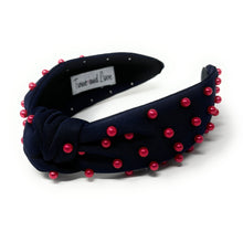 Load image into Gallery viewer, headbands for women, navy blue red headband, handmade headbands, navy blue top knotted headband, Tennessee Titans knotted headband, Titans Headband, FC Barcelona headband, Red pearl headband, navy blue game day headband, football headband, knotted jeweled headband, Houston Texans headband, New England Patriots knot headband, New England Patriots headband, pearly headbands, Patriots headband, game day hair accessories, game day headband, football headbands, best selling items
