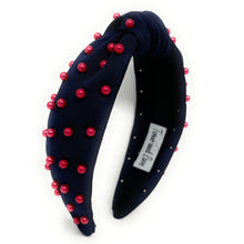 Load image into Gallery viewer, headbands for women, navy blue red headband, handmade headbands, navy blue top knotted headband, Tennessee Titans knotted headband, Titans Headband, FC Barcelona headband, Red pearl headband, navy blue game day headband, football headband, knotted jeweled headband, Houston Texans headband, New England Patriots knot headband, New England Patriots headband, pearly headbands, Patriots headband, game day hair accessories, game day headband, football headbands, best selling items
