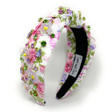 Load image into Gallery viewer, Summer Knot headband, multicolor knot headband, floral knotted headband, floral accessories, multicolor top knot headband, white headband, floral headband, light pink color hair band, roses fabric headbands, baby shower headband, multi color knotted headband, baby shower knotted headband, floral hair accessories, summer accessories, spring accessories, spring headband, summer headband, custom headband, handmade headbands, floral knotted headband, best selling items, jeweled headband, handmade gifts