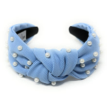 Load image into Gallery viewer, headbands for women, blue green headband, handmade headbands, green blue top knotted headband, green knotted headband, hair band for women, embellished headband, pearl headband, blue headband for women, football headband, jeweled headband for women, knotted jeweled headband, roll wave headband, roll wave tulane knot headband, pearl knot headband, pearly headbands, Tulane headband, game day hair accessories, game day headband, summer headbands, Tulanian colors, best selling items