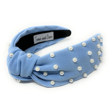 Load image into Gallery viewer, headbands for women, blue white headband, handmade headbands, light blue top knotted headband, light blue knotted headband, hair band for women, baby shower headband, pearl headband, blue headband for women, football headband, jeweled headband for women, knotted jeweled headband, carolina blue headband, UNC knot headband, pearl knot headband, pearly headbands, Tar heels headband, game day hair accessories, game day headband, summer headbands, North Carolina colors, best selling items