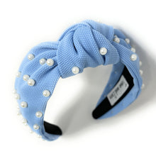 Load image into Gallery viewer, headbands for women, blue white headband, handmade headbands, light blue top knotted headband, light blue knotted headband, hair band for women, baby shower headband, pearl headband, blue headband for women, football headband, jeweled headband for women, knotted jeweled headband, carolina blue headband, UNC knot headband, pearl knot headband, pearly headbands, Tar heels headband, game day hair accessories, game day headband, summer headbands, North Carolina colors, best selling items