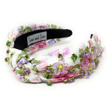 Load image into Gallery viewer, Summer Knot headband, multicolor knot headband, floral knotted headband, floral accessories, multicolor top knot headband, white headband, floral headband, light pink color hair band, roses fabric headbands, baby shower headband, multi color knotted headband, baby shower knotted headband, floral hair accessories, summer accessories, spring accessories, spring headband, summer headband, custom headband, handmade headbands, floral knotted headband, best selling items, jeweled headband, handmade gifts