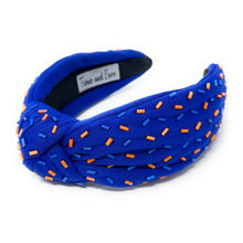 Load image into Gallery viewer, headband for women, sprinkles Knotted headband, headbands for women, birthday headbands, top knot headband, sprinkles top knot headband, blue orange headband, blue hair band, blue orange headbands, top knotted headband, statement headbands, blue orange sprinkle Knot headband, knotted headband, Go Gators headband, Go gators hair accessories, fashion headbands, Go Gators headband, game day hair accessories, gemstone headband for women, luxury headband, jeweled headband, florida gators gifts, florida gators
