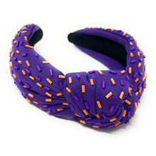 Load image into Gallery viewer, headband for women, sprinkles Knotted headband, headbands for women, birthday headbands, top knot headband, sprinkles top knot headband, purple orange headband, purple hair band, purple orange headbands, top knotted headband, statement headbands, orange purple Knot headband, knotted headband, Clemson headband, clemson hair accessories, fashion headbands, Clemson tigers headband, game dayhair accessories, gemstone headband for women, luxury headband, jeweled headband, geaux headband, geaux gifts