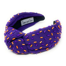 Load image into Gallery viewer, headband for women, sprinkles Knotted headband, headbands for women, birthday headbands, top knot headband, sprinkles top knot headband, purple orange headband, purple hair band, purple orange headbands, top knotted headband, statement headbands, orange purple Knot headband, knotted headband, Clemson headband, clemson hair accessories, fashion headbands, Clemson tigers headband, game dayhair accessories, gemstone headband for women, luxury headband, jeweled headband, geaux headband, geaux gifts
