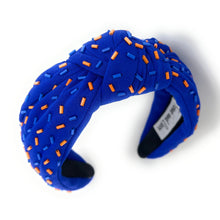 Load image into Gallery viewer, headband for women, sprinkles Knotted headband, headbands for women, birthday headbands, top knot headband, sprinkles top knot headband, blue orange headband, blue hair band, blue orange headbands, top knotted headband, statement headbands, blue orange sprinkle Knot headband, knotted headband, Go Gators headband, Go gators hair accessories, fashion headbands, Go Gators headband, game day hair accessories, gemstone headband for women, luxury headband, jeweled headband, florida gators gifts, florida gators