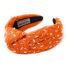 Load image into Gallery viewer, headband for women, sprinkles Knotted headband, headbands for women, birthday headbands, top knot headband, sprinkles top knot headband, orange headband, sprinkles hair band, orange white headbands, top knotted headband, statement headbands, Orange white Knot headband, knotted headband, Vols, Vols hair accessories, fashion headbands, hookem headband, Hook’em hair accessories, gemstone headband for women, luxury headband, jeweled headband, happy birthday headbands 