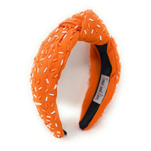 Load image into Gallery viewer, headband for women, sprinkles Knotted headband, headbands for women, birthday headbands, top knot headband, sprinkles top knot headband, orange headband, sprinkles hair band, orange white headbands, top knotted headband, statement headbands, Orange white Knot headband, knotted headband, Vols, Vols hair accessories, fashion headbands, hookem headband, Hook’em hair accessories, gemstone headband for women, luxury headband, jeweled headband, happy birthday headbands 
