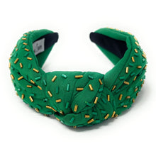 Load image into Gallery viewer, green gold knot headband, green sprinkle knot headband, GameDay headband, confetti headband, green gold knotted headband, College Game day headband, college knotted headband, baylor bears college headband, Baylor bears headband, best friend gift, college go bears, college game day gift, baylor bear knot headband, Baylor university college gifts, go gators fan, college gifts, roll tide football headband, Baylor bear tailgating outfit, basketball headband, Football team headband