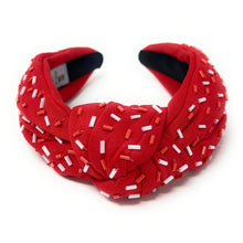 Load image into Gallery viewer, headband for women, sprinkles Knotted headband, headbands for women, birthday headbands, top knot headband, sprinkles top knot headband, red White headband, red hair band, Woo pig headband, top knotted headband, statement headbands, red black Knot headband, knotted headband, Roll Tide, Roll tide hair accessories, confetti headbands, Roll tide headband, baseball hair accessories, Alabama headband, luxury headband, jeweled headband, woo pig sooie 