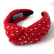 Load image into Gallery viewer, headband for women, sprinkles Knotted headband, headbands for women, birthday headbands, top knot headband, sprinkles top knot headband, red White headband, red hair band, Woo pig headband, top knotted headband, statement headbands, red black Knot headband, knotted headband, Roll Tide, Roll tide hair accessories, confetti headbands, Roll tide headband, baseball hair accessories, Alabama headband, luxury headband, jeweled headband, woo pig sooie 