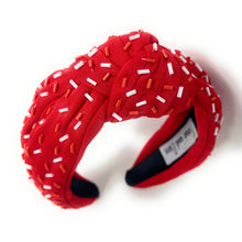 Load image into Gallery viewer, headband for women, sprinkles Knotted headband, headbands for women, birthday headbands, top knot headband, sprinkles top knot headband, red White headband, red hair band, Woo pig headband, top knotted headband, statement headbands, red black Knot headband, knotted headband, Roll Tide, Roll tide hair accessories, confetti headbands, Roll tide headband, baseball hair accessories, Alabama headband, luxury headband, jeweled headband, woo pig sooie 