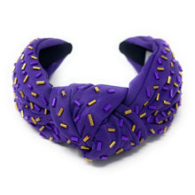 Load image into Gallery viewer, purple gold headband, Geaux tigers Headband, purple Jeweled Knot Headband, Game Day Headband, sprinkle headband, Purple Gold Knot headband, College Game Day Headband, LSU Knot Headband, Geaux tigers, Geaux college team, college headbands, football college headbands, Football headbands, Basketball headbands, best selling items, college game day gift, Geaux tigahs headband, gold purple headband, LSU gifts, LSU tailgating hair accessories, college gifts, confetti headband, Geaux tailgating outfits