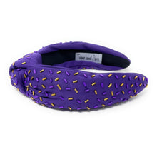 Load image into Gallery viewer, purple gold headband, Geaux tigers Headband, purple Jeweled Knot Headband, Game Day Headband, sprinkle headband, Purple Gold Knot headband, College Game Day Headband, LSU Knot Headband, Geaux tigers, Geaux college team, college headbands, football college headbands, Football headbands, Basketball headbands, best selling items, college game day gift, Geaux tigahs headband, gold purple headband, LSU gifts, LSU tailgating hair accessories, college gifts, confetti headband, Geaux tailgating outfits