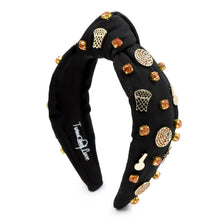 Load image into Gallery viewer, basketball jeweled knotted headband, basketball Knotted headband, black headbands, basketball headbands, basketball top knot headband, game day headband, black knot headband, basketball hair band, top knotted headband, statement headbands, custom headband, best selling items, game day knot headband, custom headbands, birthday headband, fashion headbands, embellished headband, rhinestone headband, gemstone headband, luxury headband, basketball fan gifts, jeweled knot headband, handmade gifts