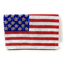 Load image into Gallery viewer, USA Flag Beaded Clutch, Star American USA Flag Seed Bead Cross body Clutch Bag, Beaded Flag Purse, 4th of July Gift, Patriotic Clutch Purse, USA patriotic beaded clutch, patriotic Accessories, USA Clutch Bag, American Flag print, American Flag clutch, American Flag Purse, Beaded Clutch Purse, Patriotic Purse, Gifts for her, Best selling items, red white and blue accessories, beaded crossbody, beaded purse, White blue purse, USA stars purse, Americana purse, Patriotic bag