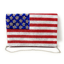 Load image into Gallery viewer, USA Flag Beaded Clutch, Star American USA Flag Seed Bead Cross body Clutch Bag, Beaded Flag Purse, 4th of July Gift, Patriotic Clutch Purse, USA patriotic beaded clutch, patriotic Accessories, USA Clutch Bag, American Flag print, American Flag clutch, American Flag Purse, Beaded Clutch Purse, Patriotic Purse, Gifts for her, Best selling items, red white and blue accessories, beaded crossbody, beaded purse, White blue purse, USA stars purse, Americana purse, Patriotic bag