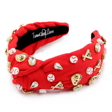 Load image into Gallery viewer, headband for women, Baseball Knot headband, Baseball lover headband, Baseball knotted headband, baseball top knot headband, baseball top knotted headband, red knotted headband, baseball hair band, baseball knot headbands, red color baseball headband, statement headbands, top knotted headband, knotted headband, baseball love gifts, baseball embellished headband, gemstone knot headband, luxury headband, embellished knot headband, jeweled knot headband, baseball knot embellished headband