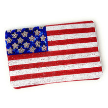 Load image into Gallery viewer, USA Flag Beaded Clutch, Star American USA Flag Seed Bead Cross body Clutch Bag, Beaded Flag Purse, 4th of July Gift, Patriotic Clutch Purse, USA patriotic beaded clutch, patriotic Accessories, USA Clutch Bag, American Flag print, American Flag clutch, American Flag Purse, Beaded Clutch Purse, Patriotic Purse, Gifts for her, Best selling items, red white and blue accessories, beaded crossbody, beaded purse, White blue purse, USA stars purse, Americana purse, Patriotic bag