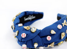 Load image into Gallery viewer, headband for women, Baseball Knot headband, Baseball lover headband, Baseball knotted headband, baseball top knot headband, baseball top knotted headband, blue knotted headband, baseball hair band, baseball knot headbands, blue color baseball headband, statement headbands, top knotted headband, knotted headband, baseball love gifts, baseball embellished headband, Yankees knot headband, luxury headband, embellished knot headband, jeweled knot headband, dodgers headband