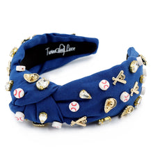 Load image into Gallery viewer, headband for women, Baseball Knot headband, Baseball lover headband, Baseball knotted headband, baseball top knot headband, baseball top knotted headband, blue knotted headband, baseball hair band, baseball knot headbands, blue color baseball headband, statement headbands, top knotted headband, knotted headband, baseball love gifts, baseball embellished headband, Yankees knot headband, luxury headband, embellished knot headband, jeweled knot headband, dodgers headband