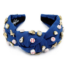 Load image into Gallery viewer, headband for women, Baseball Knot headband, Baseball lover headband, Baseball knotted headband, baseball top knot headband, baseball top knotted headband, blue knotted headband, baseball hair band, baseball knot headbands, blue color baseball headband, statement headbands, top knotted headband, knotted headband, baseball love gifts, baseball embellished headband, Yankees knot headband, luxury headband, embellished knot headband, jeweled knot headband, dodgers headband