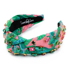 Load image into Gallery viewer, headband for women, tropical Knot headband, green pink headband, pink knot headband, top knot headband, green top knot headband, vacation top knot headband, resort hair band, summer knot headband, green pink color headband, handmade gifts, top knotted headband, knotted headband, party headbands, pink knot headband, tropical headbands, green pink embellished headband, best selling items, luxury headband, custom headband, jeweled knot headband, Handmade headband, hand sewn headband