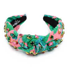 Load image into Gallery viewer, headband for women, tropical Knot headband, green pink headband, pink knot headband, top knot headband, green top knot headband, vacation top knot headband, resort hair band, summer knot headband, green pink color headband, handmade gifts, top knotted headband, knotted headband, party headbands, pink knot headband, tropical headbands, green pink embellished headband, best selling items, luxury headband, custom headband, jeweled knot headband, Handmade headband, hand sewn headband