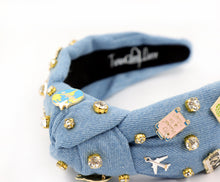 Load image into Gallery viewer, headband for women, travel lover beaded headband, traveler knot headband, travel lover headband, Voyager headband, top knot headband, custom headband, travel lover knot headband, handmade gifts, unique headband, denim knotted headband, handmade headbands, custom headband, traveler knotted headband, travel lover headband, fashion headbands, embellished headband, rhinestone headband, luxury headband, denim lover jewelry, jeweled knot headband, travel lover gifts, traveler gifts