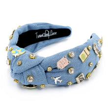 Load image into Gallery viewer, headband for women, travel lover beaded headband, traveler knot headband, travel lover headband, Voyager headband, top knot headband, custom headband, travel lover knot headband, handmade gifts, unique headband, denim knotted headband, handmade headbands, custom headband, traveler knotted headband, travel lover headband, fashion headbands, embellished headband, rhinestone headband, luxury headband, denim lover jewelry, jeweled knot headband, travel lover gifts, traveler gifts