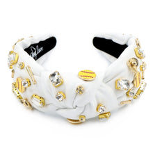 Load image into Gallery viewer, softball jeweled knotted headband, softball Knotted headband, white headbands, softball headbands, softball top knot headband, game day headband, white knot headband, softball hair band, top knotted headband, statement headbands, custom headband, best selling items, game day knot headband, custom headbands, birthday headband, fashion headbands, embellished headband, rhinestone headband, handmade gifts, luxury headband, softball fan gifts, jeweled knot headband, handmade gifts