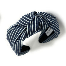 Load image into Gallery viewer, headband for women, denim knot headband, headbands for women, stylish headbands, white blue denim headband, top knot headband, denim top knot headband, striped denim headband, dark blue denim hairband, trendy headbands, handmade headbands, top knotted headband, knotted headband, trendy headband, fashion headbands, dark denim headband, blue striped headband, striped headband for women, blue white headband, denim headband for women, denim headband, best selling items, summer headband